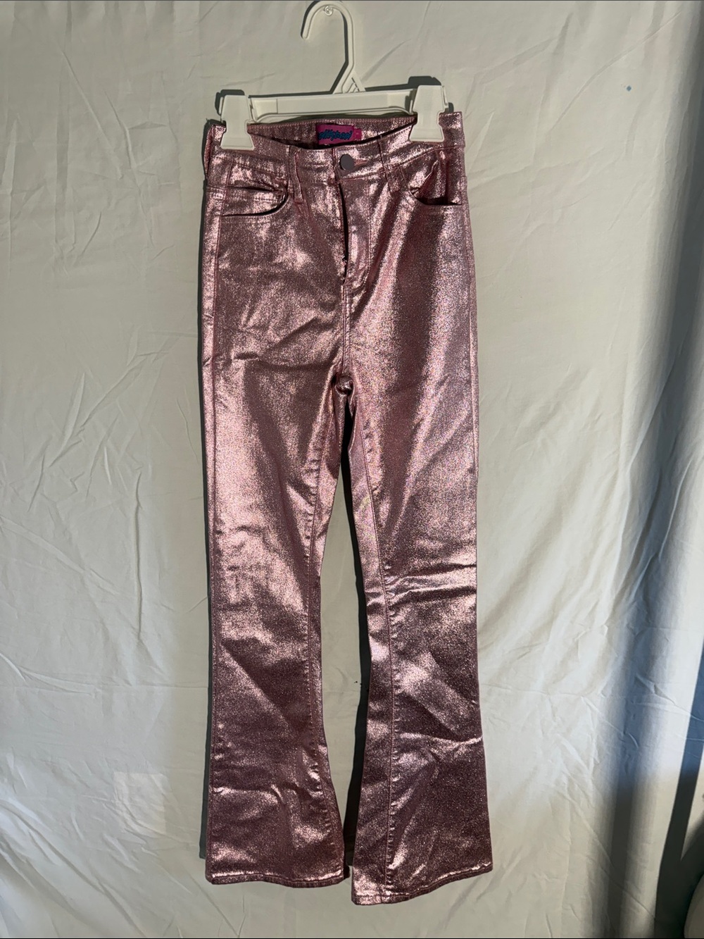Edikted Shiny Pink Metallic Flared Pants